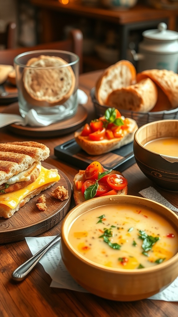 A collection of sourdough bread dinner ideas including grilled cheese, bruschetta, and a bread bowl with soup.